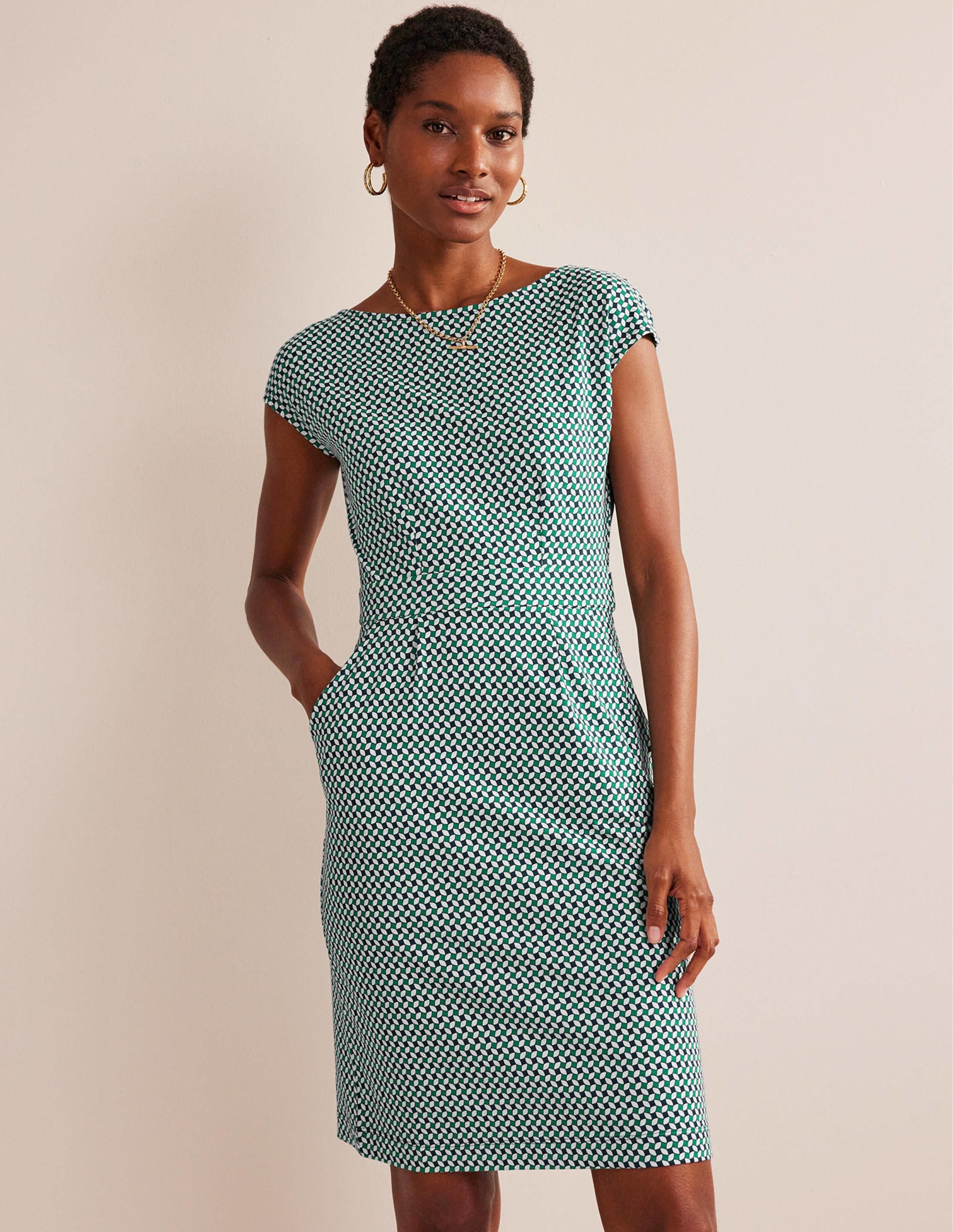 Robe Florrie en jersey-Vert prairie, motif Abstract Diamond - Image 1