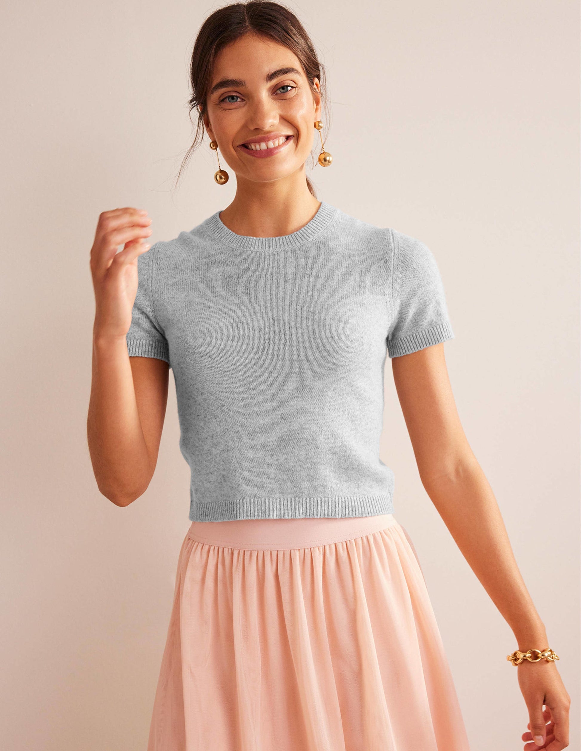 Kurzes Kaschmir-T-Shirt-Blassgrau meliert-1