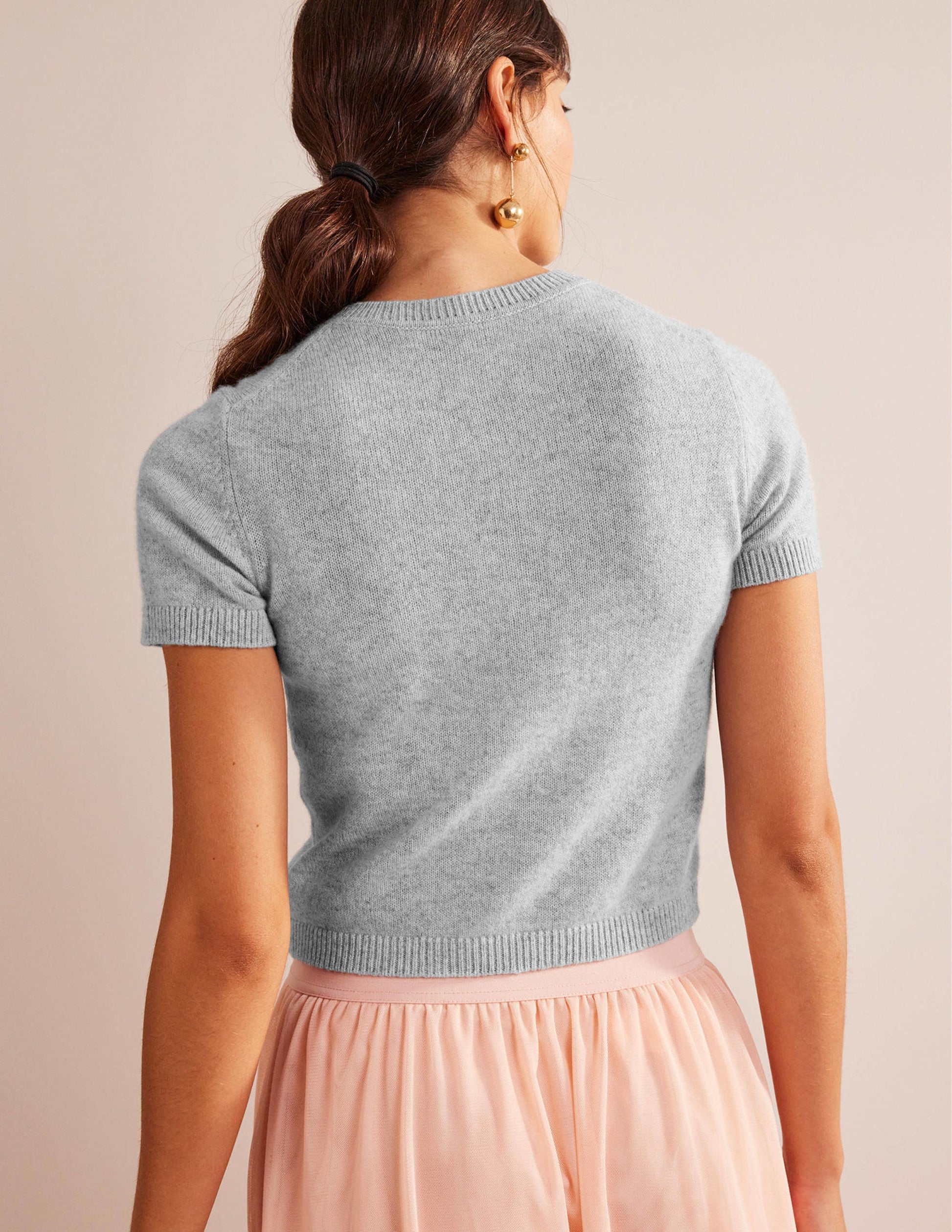 Kurzes Kaschmir-T-Shirt-Blassgrau meliert-3