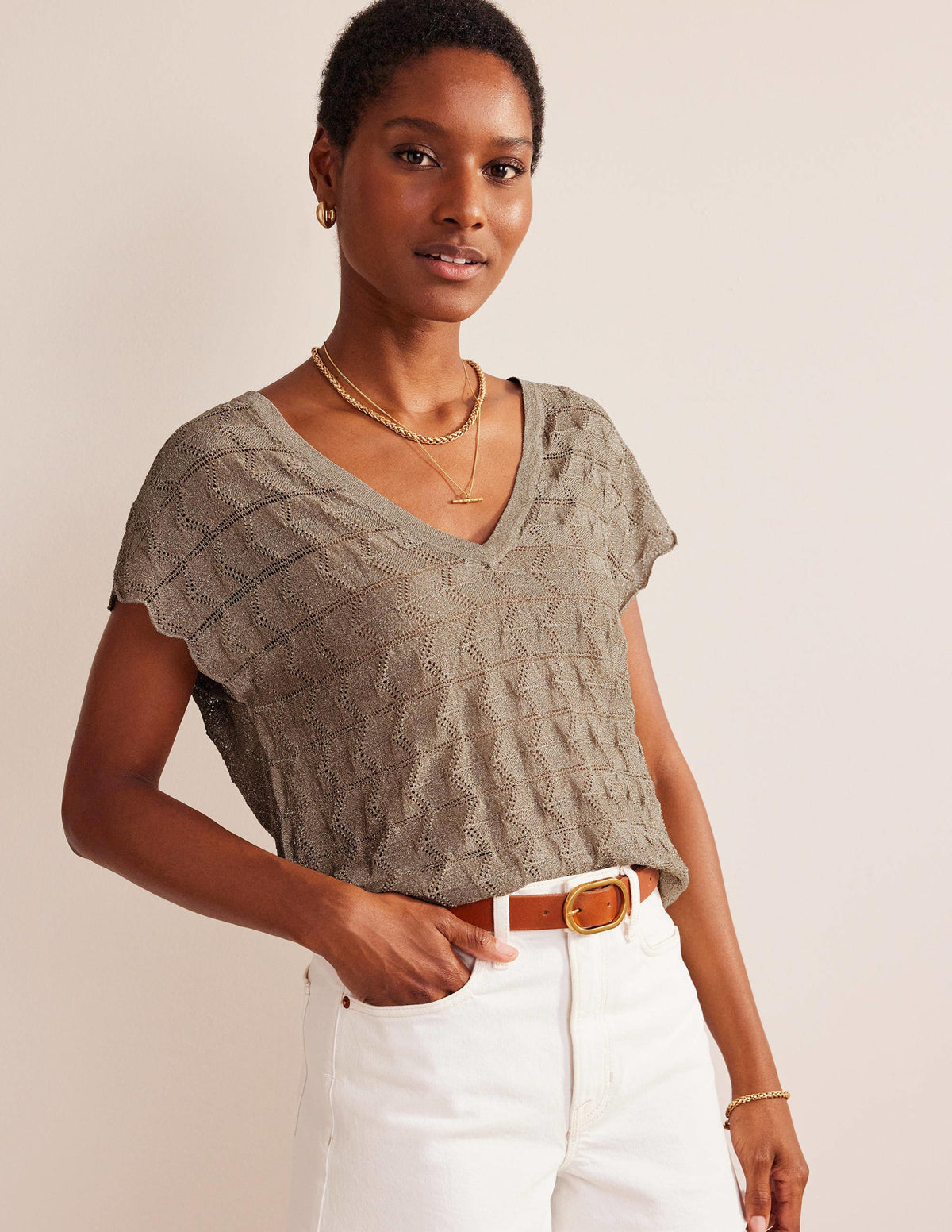 Strick-Strand-Top mit V-Ausschnitt-Metallic Steingrau-1