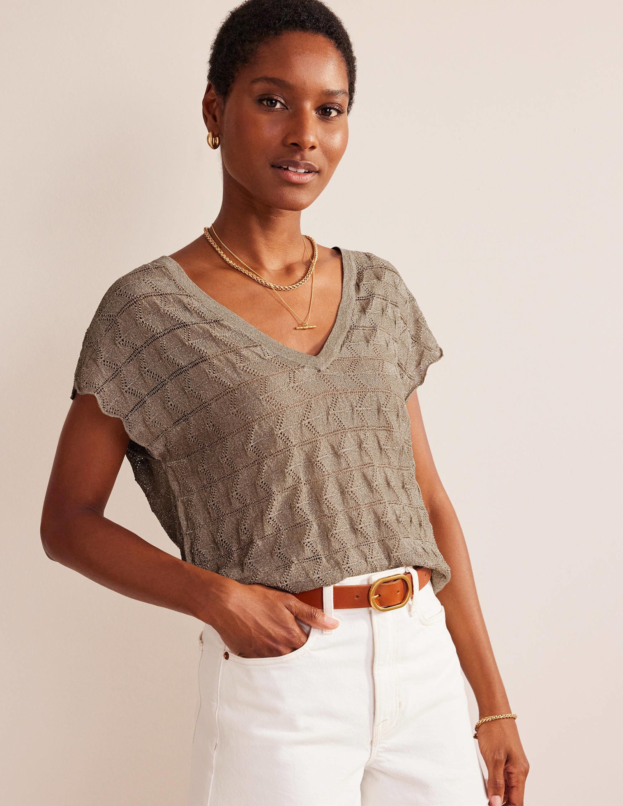 Strick-Strand-Top mit V-Ausschnitt-Metallic Steingrau - Image 1