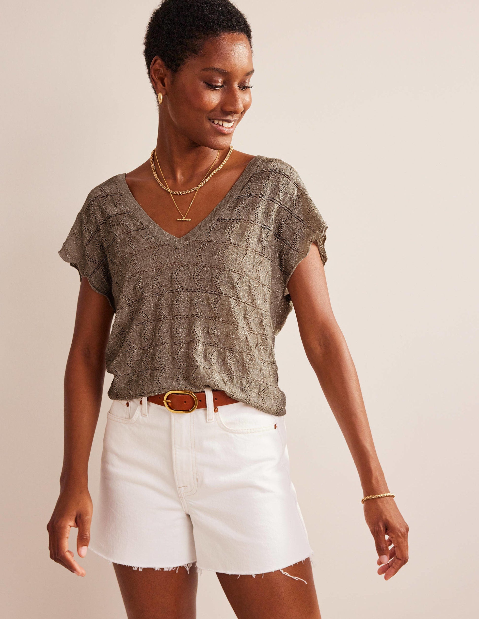 Strick-Strand-Top mit V-Ausschnitt-Metallic Steingrau-4