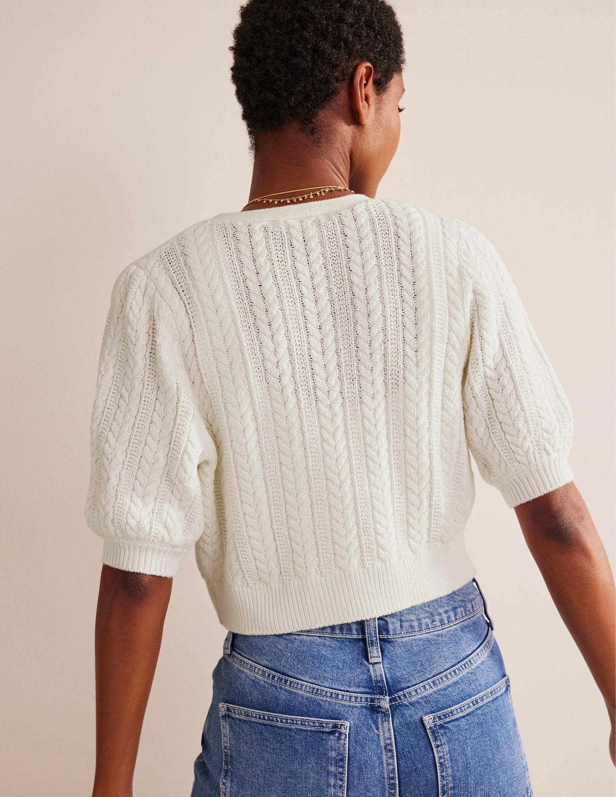 Verkürzte Strickjacke mit Schleife-Warmes Naturweiß - Image 3