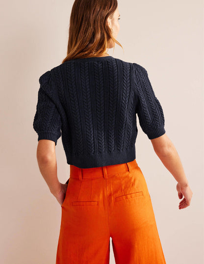 Verkürzte Strickjacke mit Schleife-Marineblau