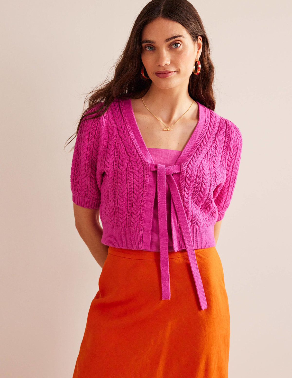 Verkürzte Strickjacke mit Schleife-Phlox-Rosa-1