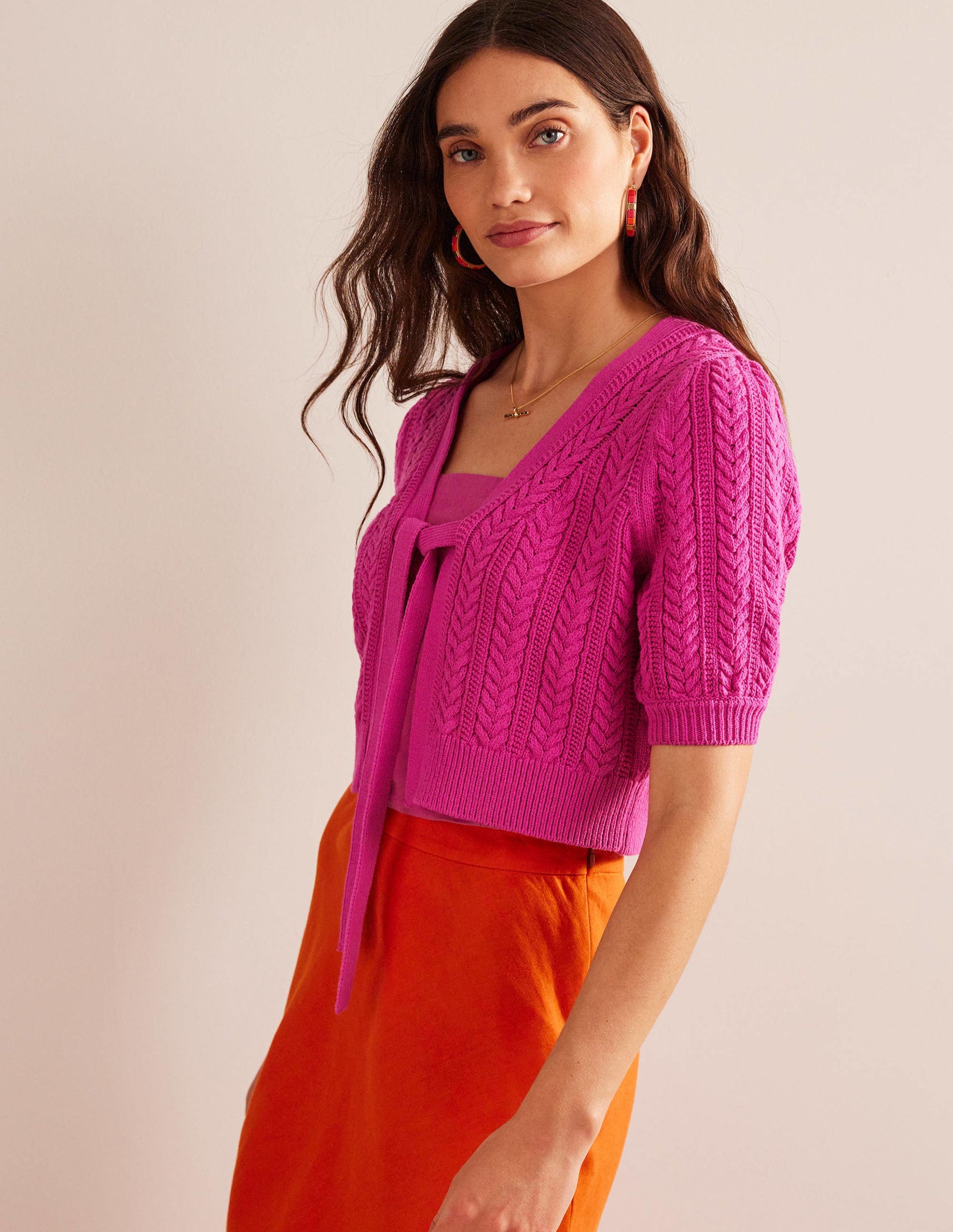Verkürzte Strickjacke mit Schleife-Phlox-Rosa-4