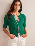 Strickjacke mit Rippstruktur und Häkelrand-Leuchtendes Smaragdgrün