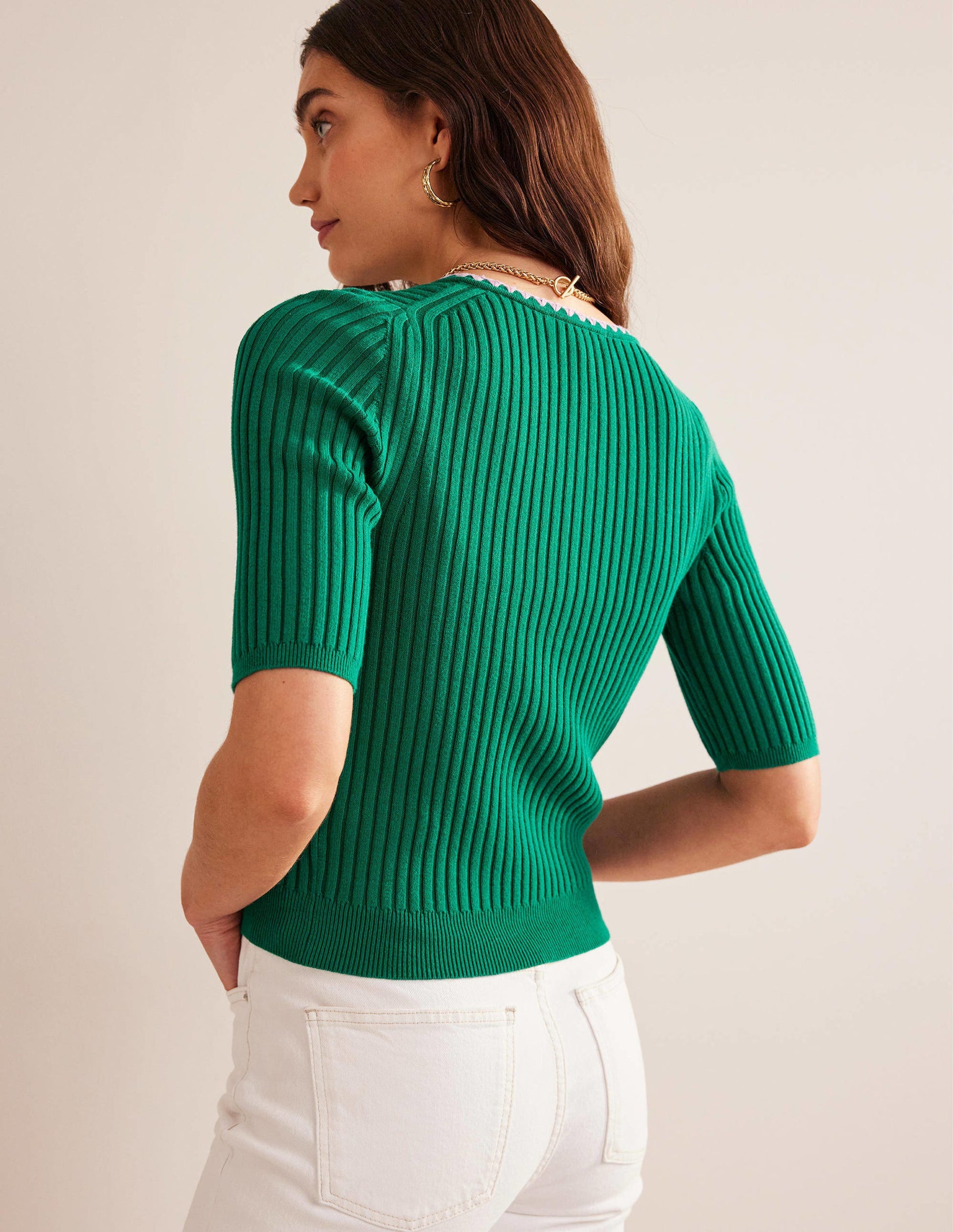 Strickjacke mit Rippstruktur und Häkelrand-Leuchtendes Smaragdgrün-3