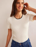 Strick-T-Shirt mit Häkelrand-Naturweiß
