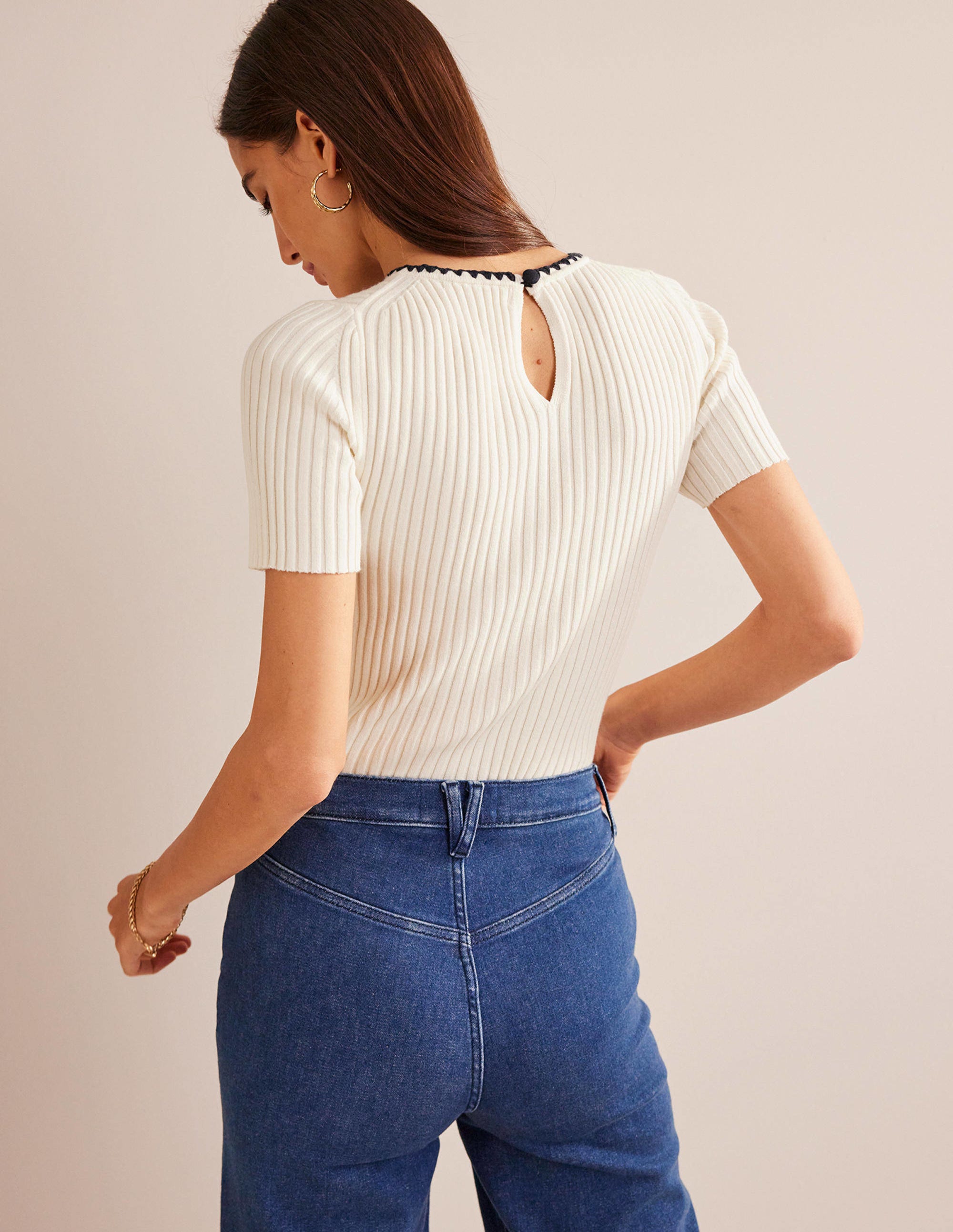 Strick-T-Shirt mit Häkelrand-Naturweiß - Image 3