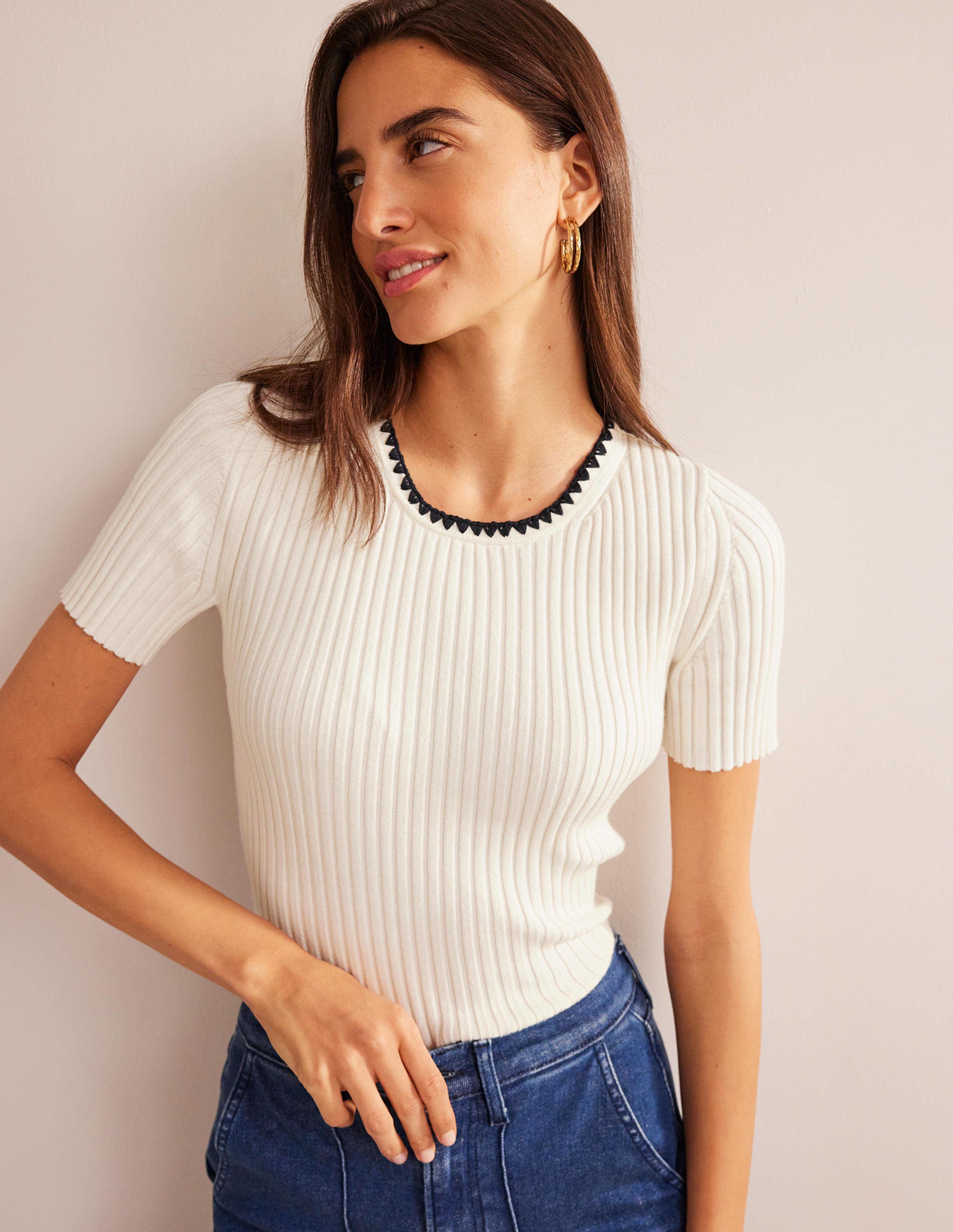 Strick-T-Shirt mit Häkelrand-Naturweiß - Image 4