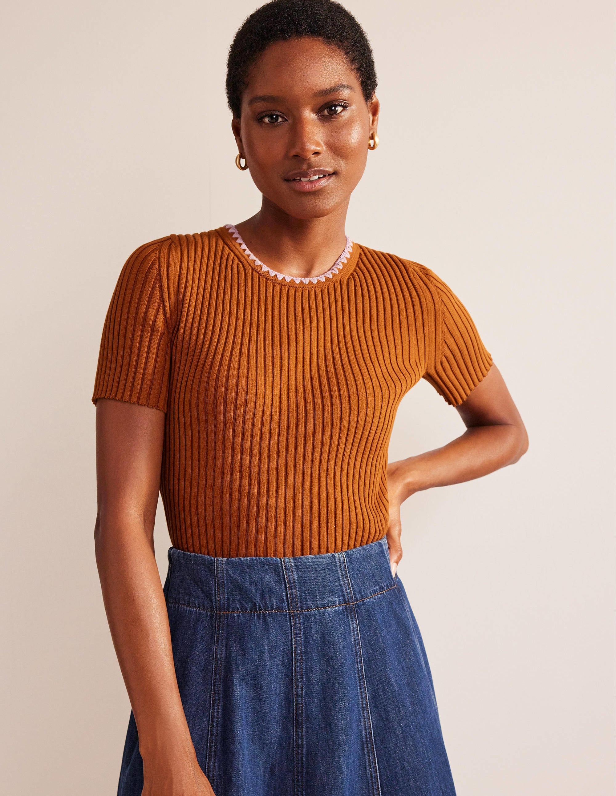T-shirt en maille à détails crochetés-Citrouille - Image 1