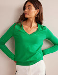 Pull Catriona col V en coton-Vert prairie