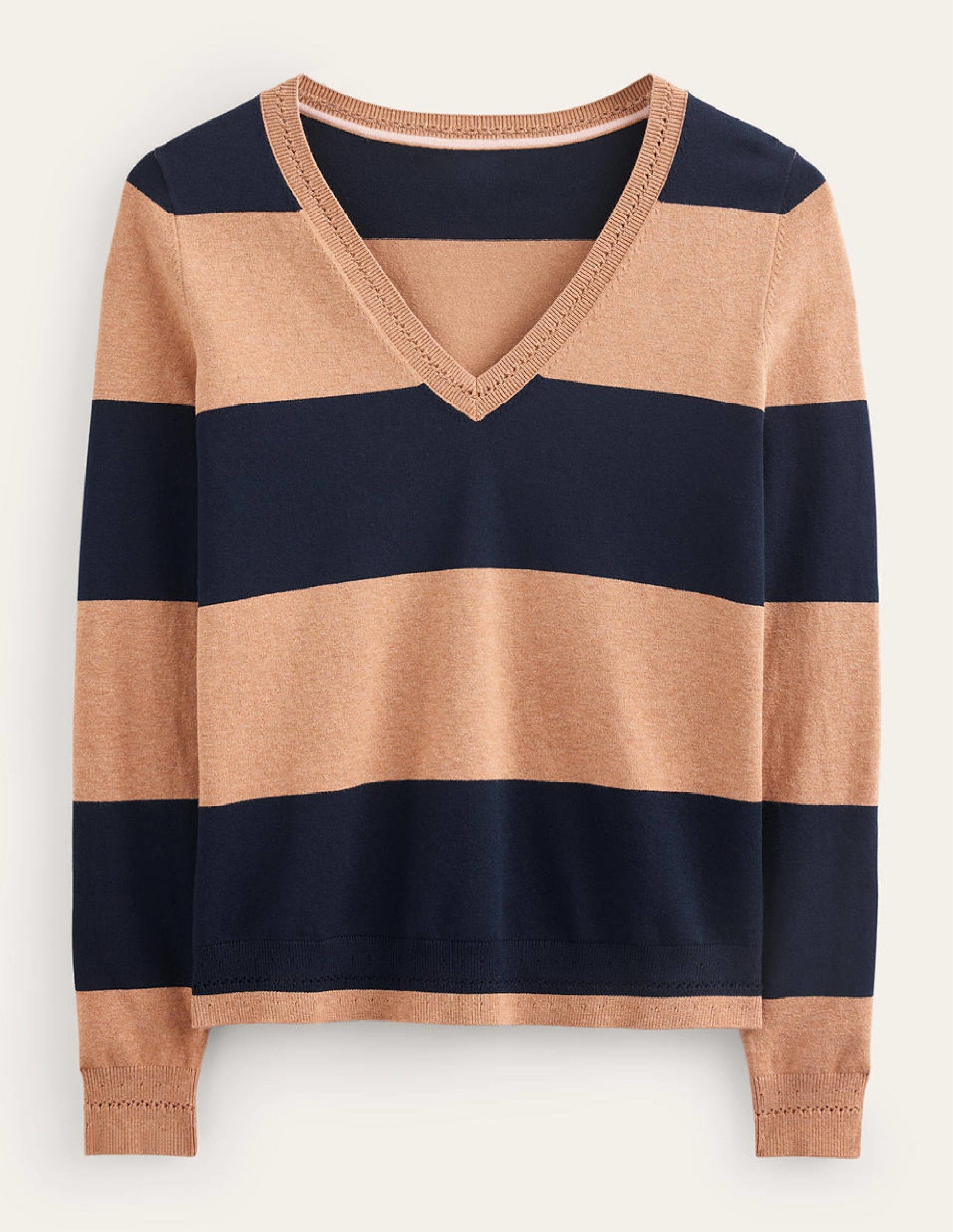 Pull Catriona col V en coton-Rayé camel chiné et bleu marine-6