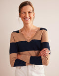Pull Catriona col V en coton-Rayé camel chiné et bleu marine