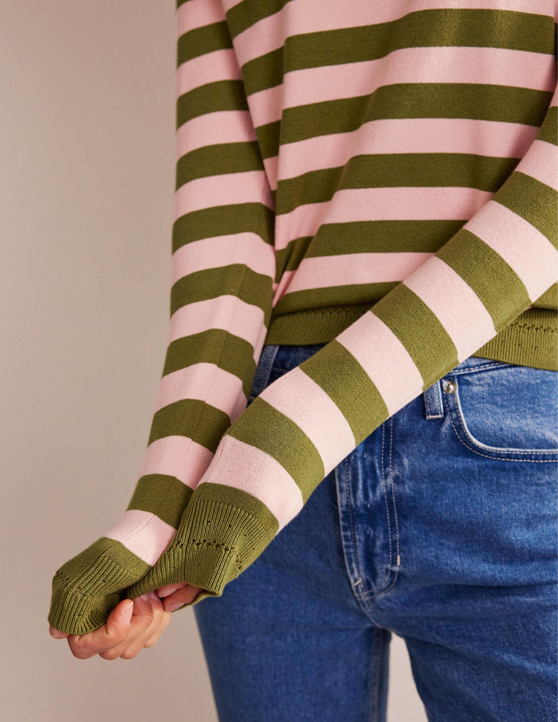 Pull Catriona col rond en coton-Rose craie et olive verte-2