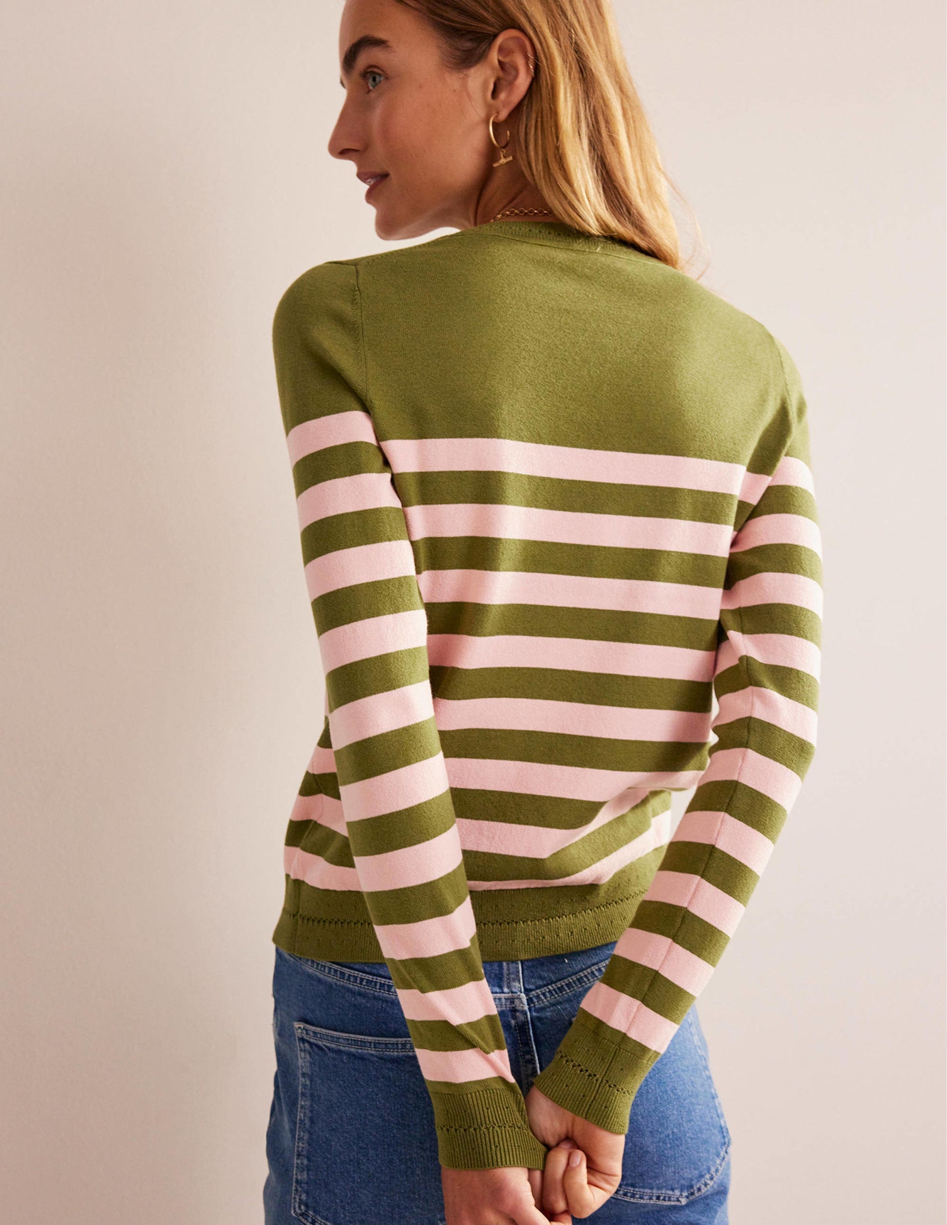 Pull Catriona col rond en coton-Rose craie et olive verte-3