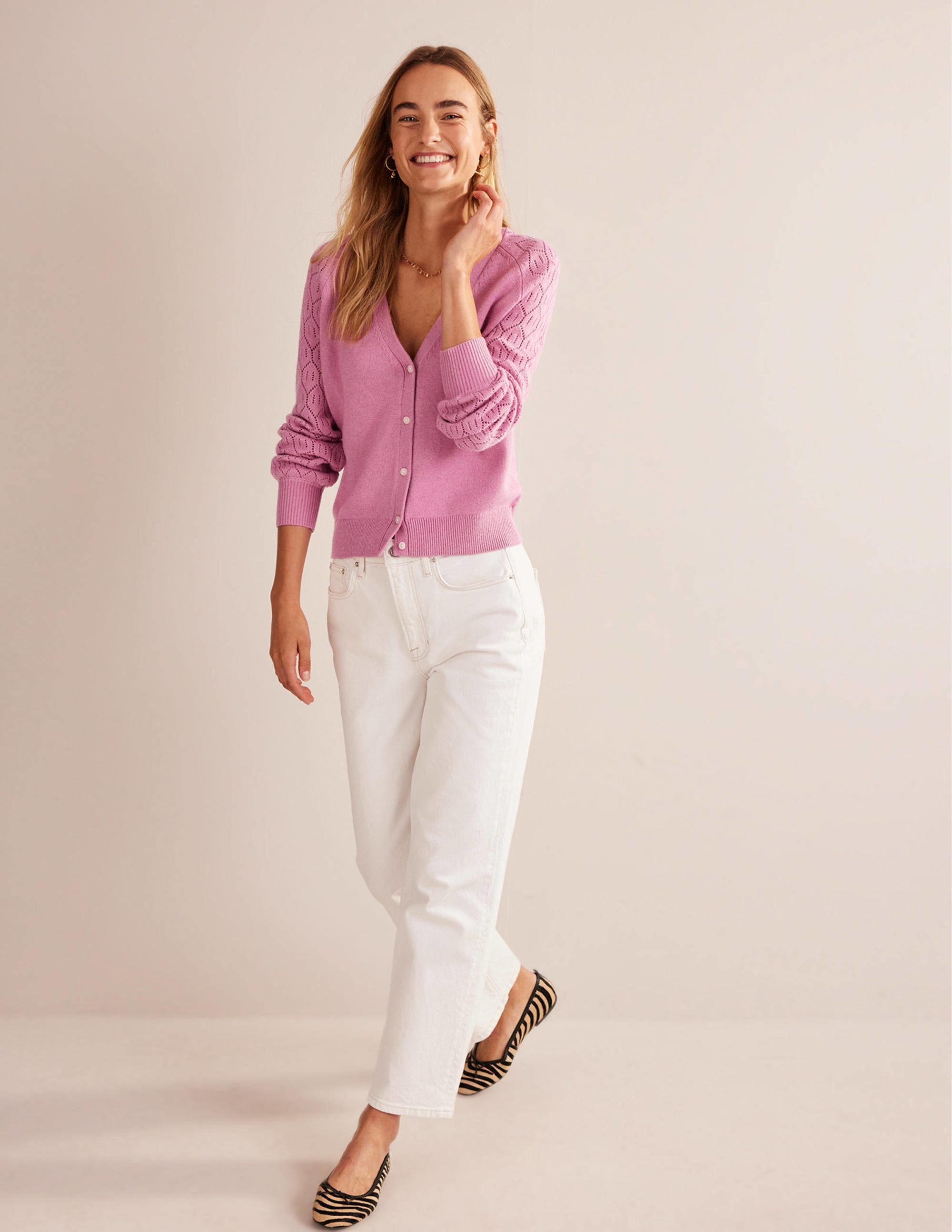 Pointelle Sleeve Cardigan-Strawberry Sherbet - Image 4