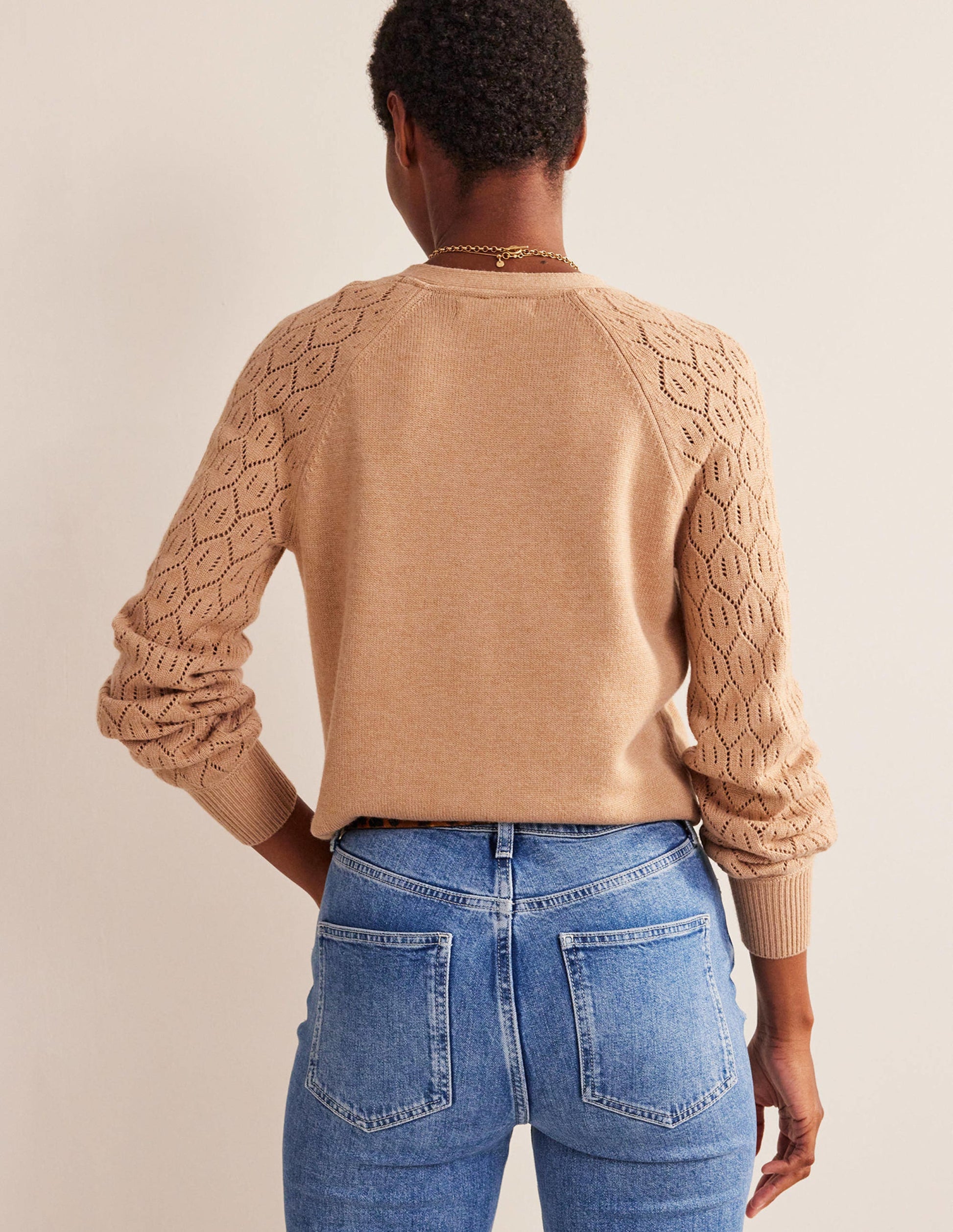 Strickjacke mit Pointelle-Ärmeln-Kamelbraun Melange-3