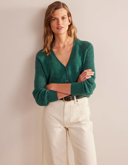 Strickjacke mit Pointelle-Ärmeln-Dunkles Smaragdgrün