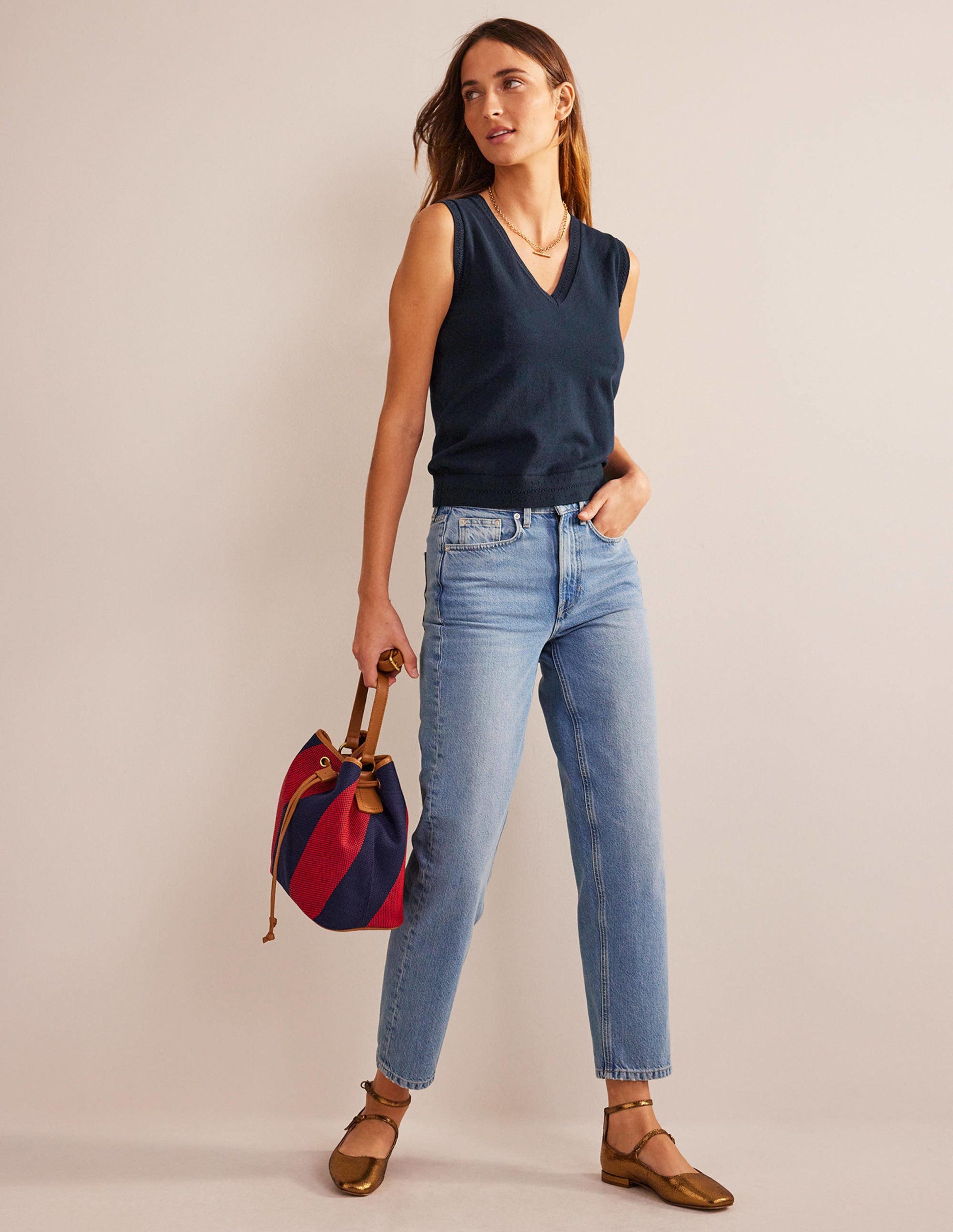 Catriona Baumwoll-Top mit V-Ausschnitt-Marineblau-4