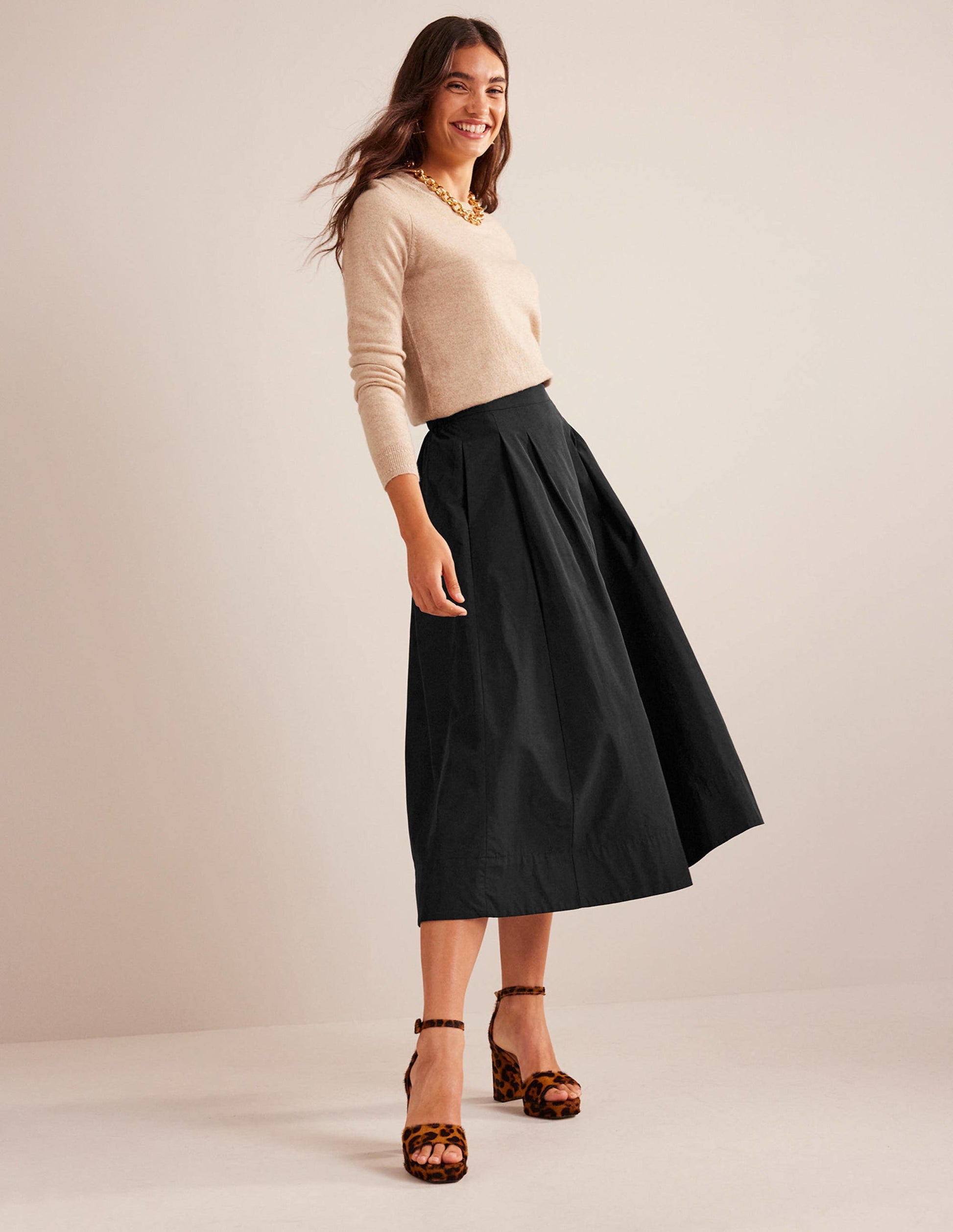 Taffeta Pull-on Midi Skirt-Black-1