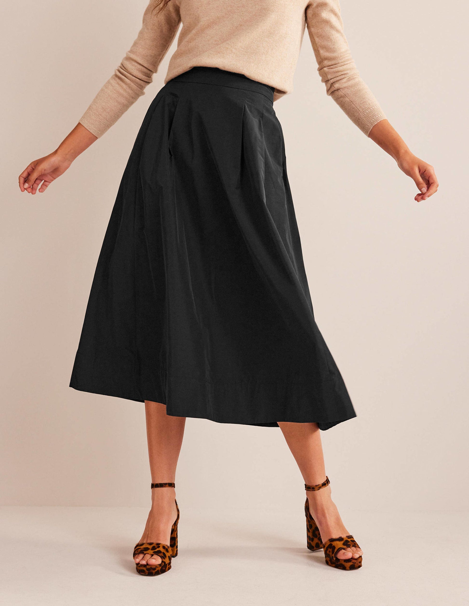 Taffeta Pull-on Midi Skirt-Black-4