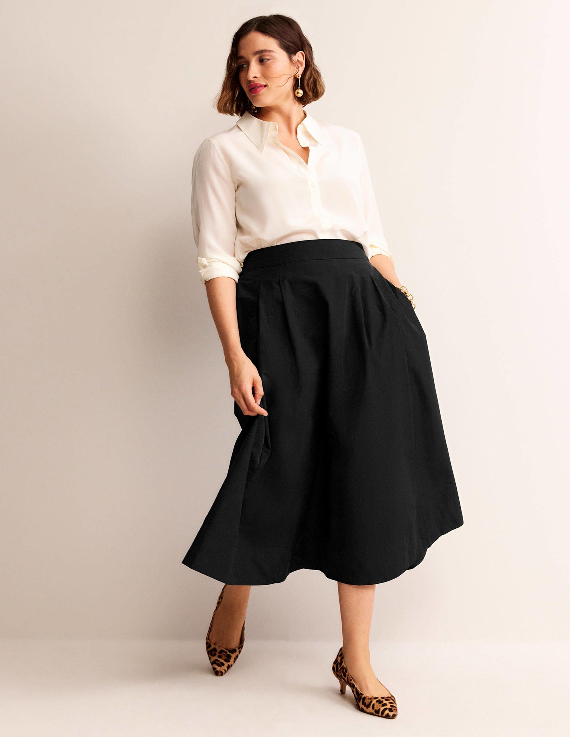 Taffeta Pull-on Midi Skirt-Black-5