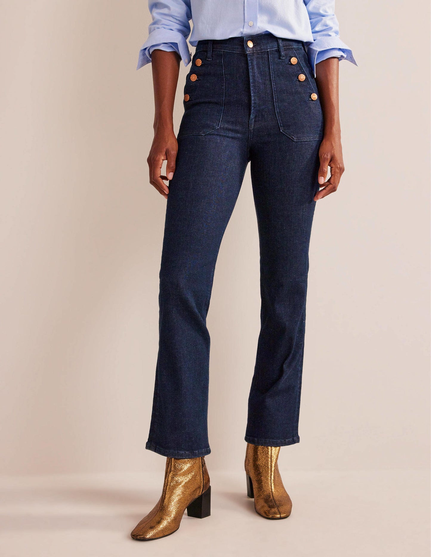 Jean droit avec poches plaquées-Indigo délavé