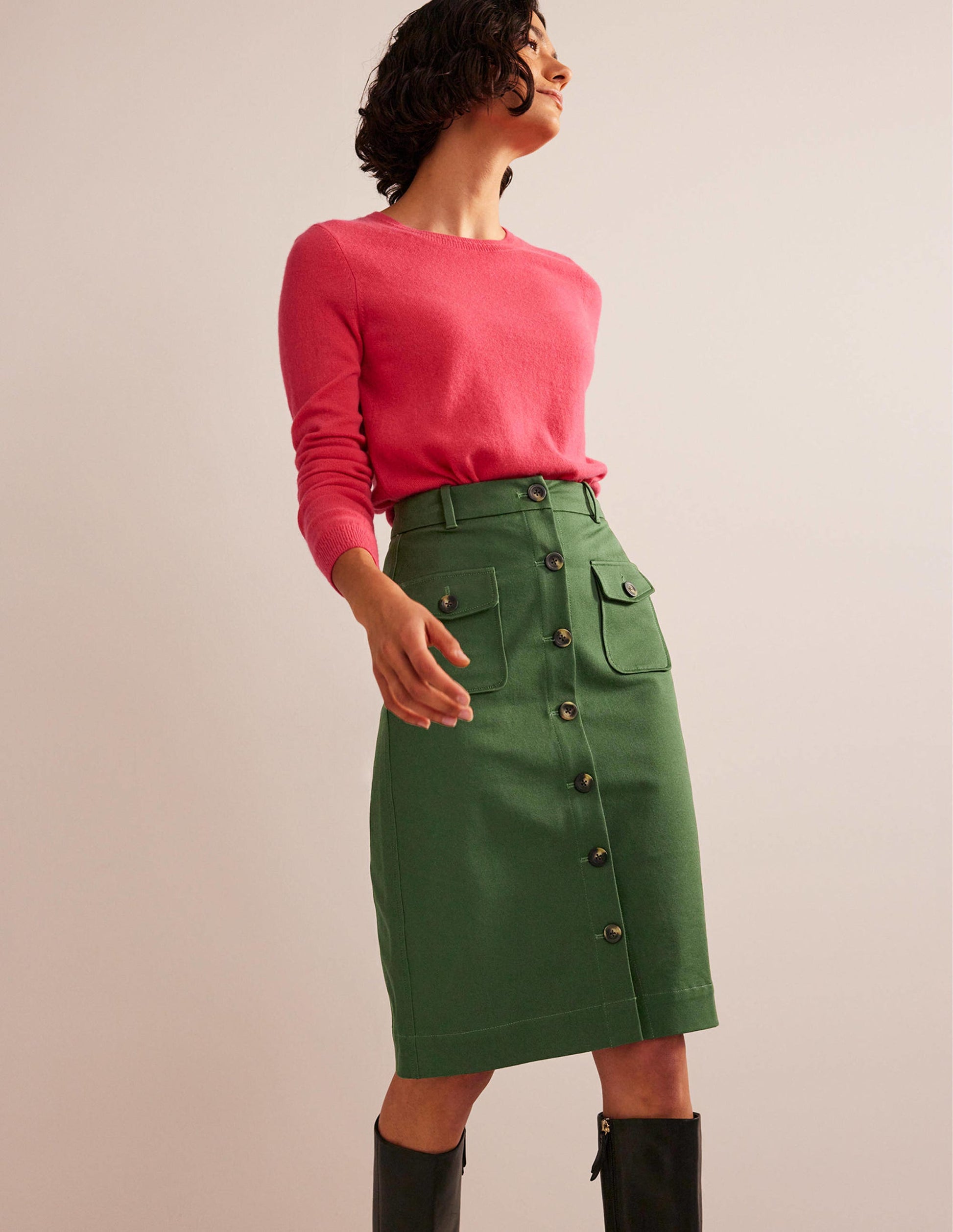 Jupe midi à poches style utilitaire-Vert hivernal-1