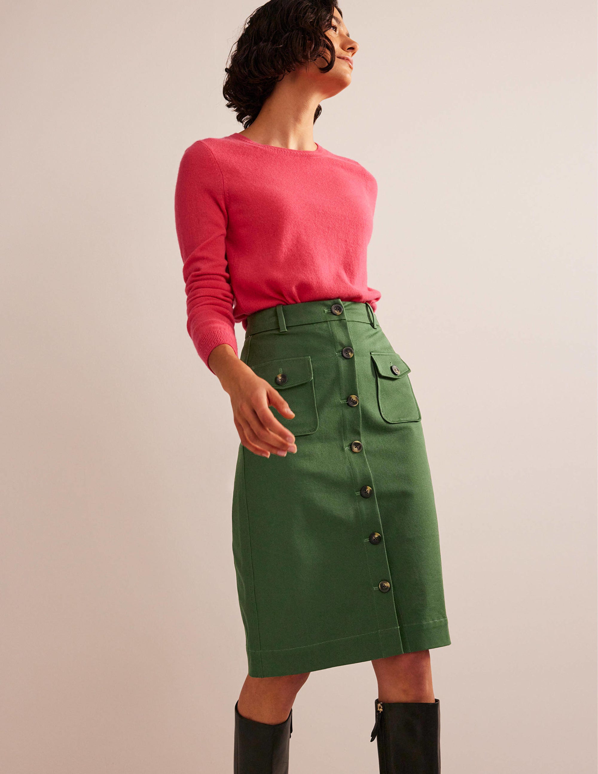 Jupe midi à poches style utilitaire-Vert hivernal - Image 1