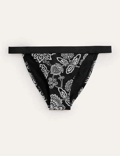 Tanga-Bikinihöschen-Schwarz, Weiße Blumen