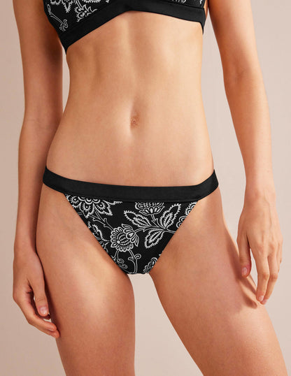 Tanga-Bikinihöschen-Schwarz, Weiße Blumen