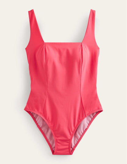 Maillot de bain col carré à empiècement-Baie rose