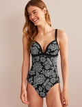 Maillot de bain triangle à empiècement-Noir, motif floral blanc