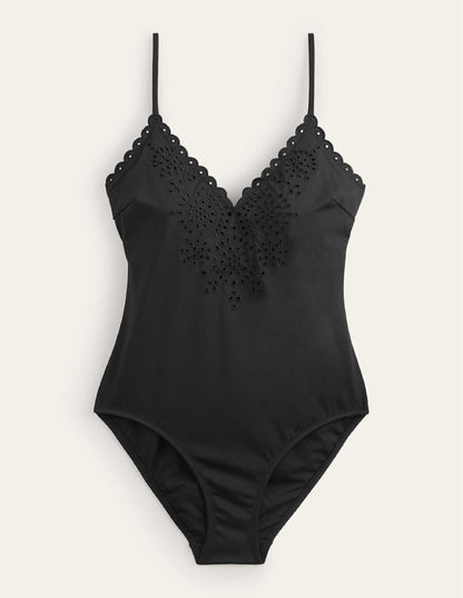 Maillot de bain col V à broderie anglaise-Noir-5