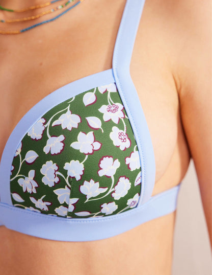 Triangle Panelled Bikini Top-Winter Green, Blue Floral