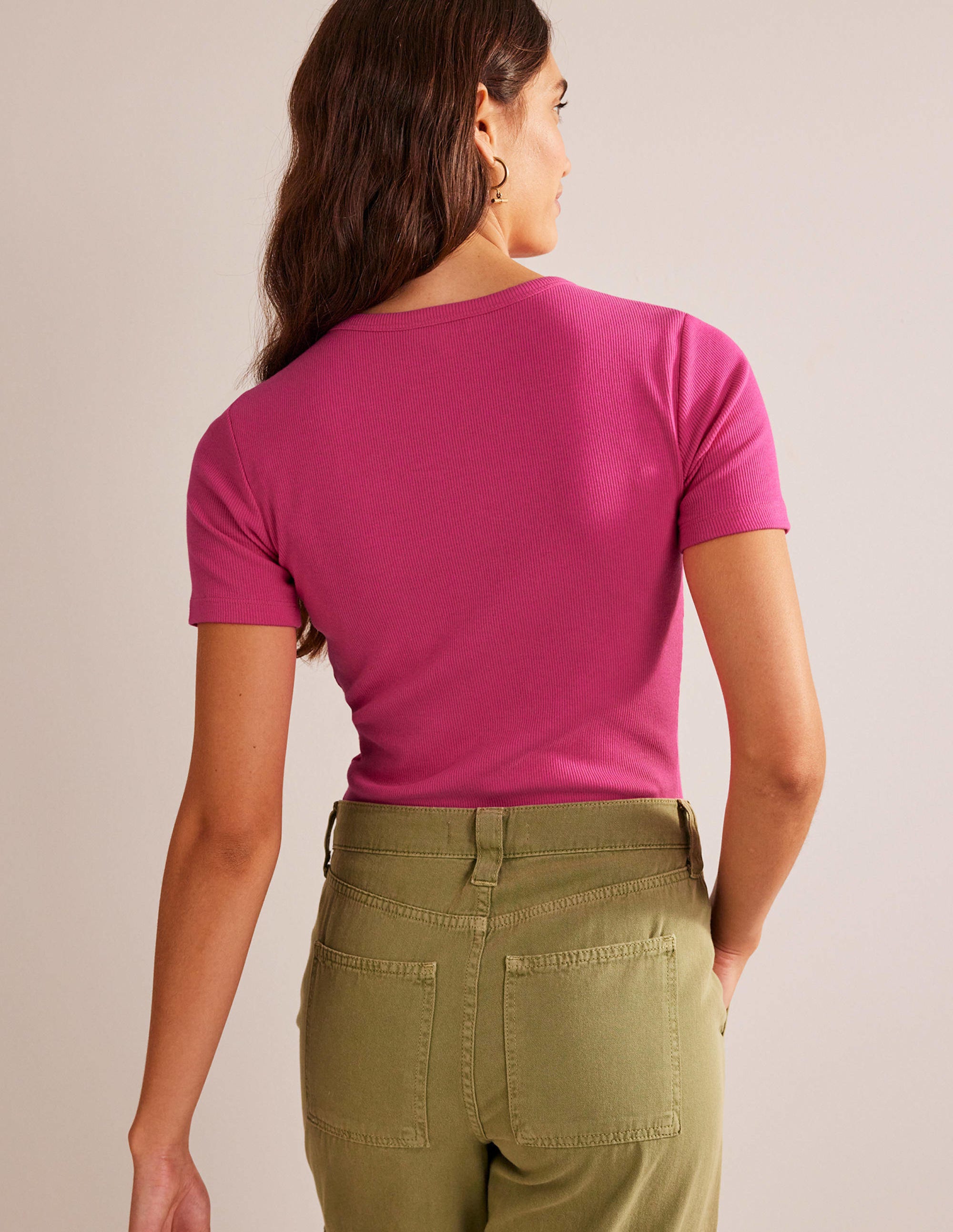 T-shirt côtelé en coton-Rose cabaret - Image 3