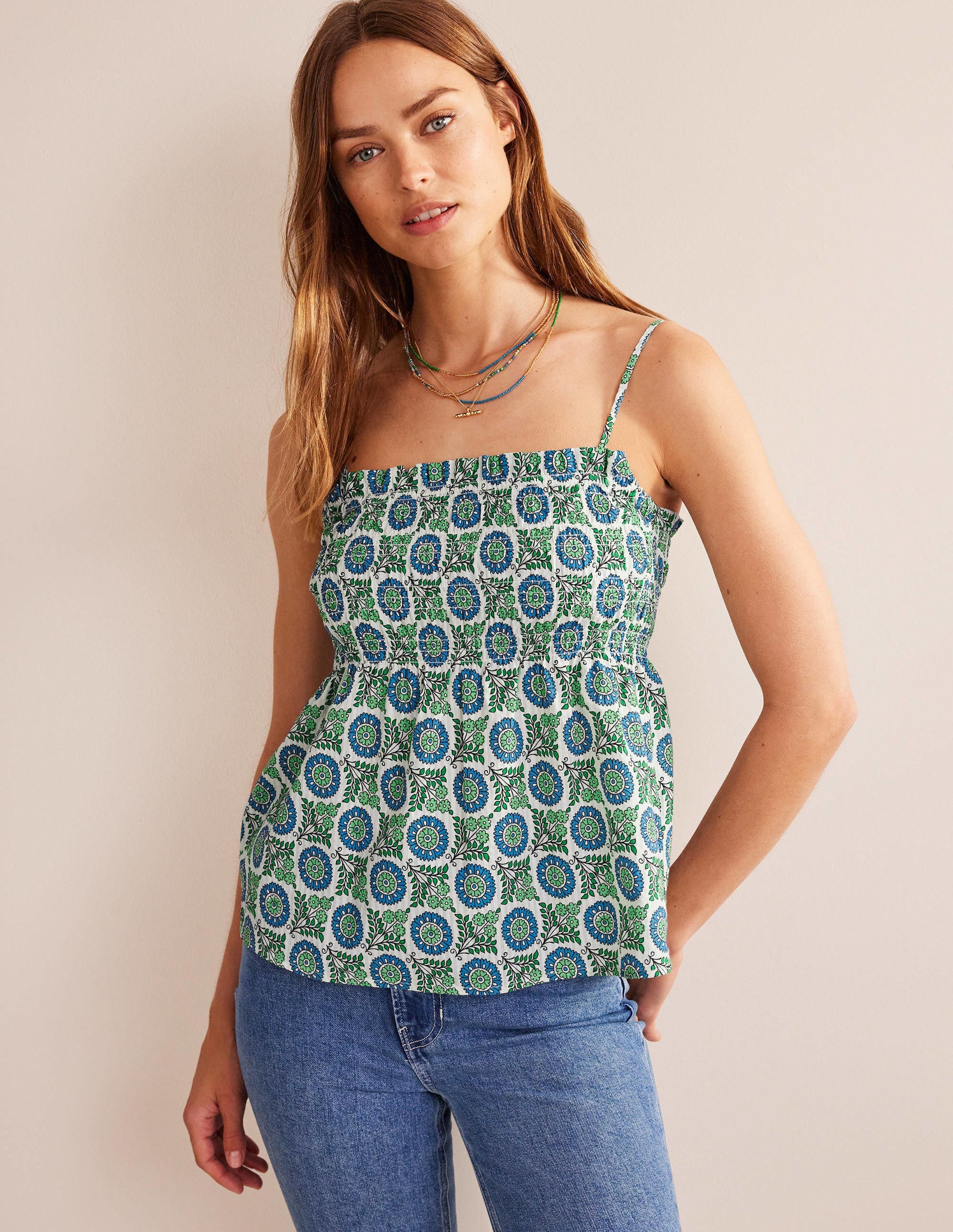 Caraco à smocks-Bleu égéen, motif Sunflower Sprig - Image 4