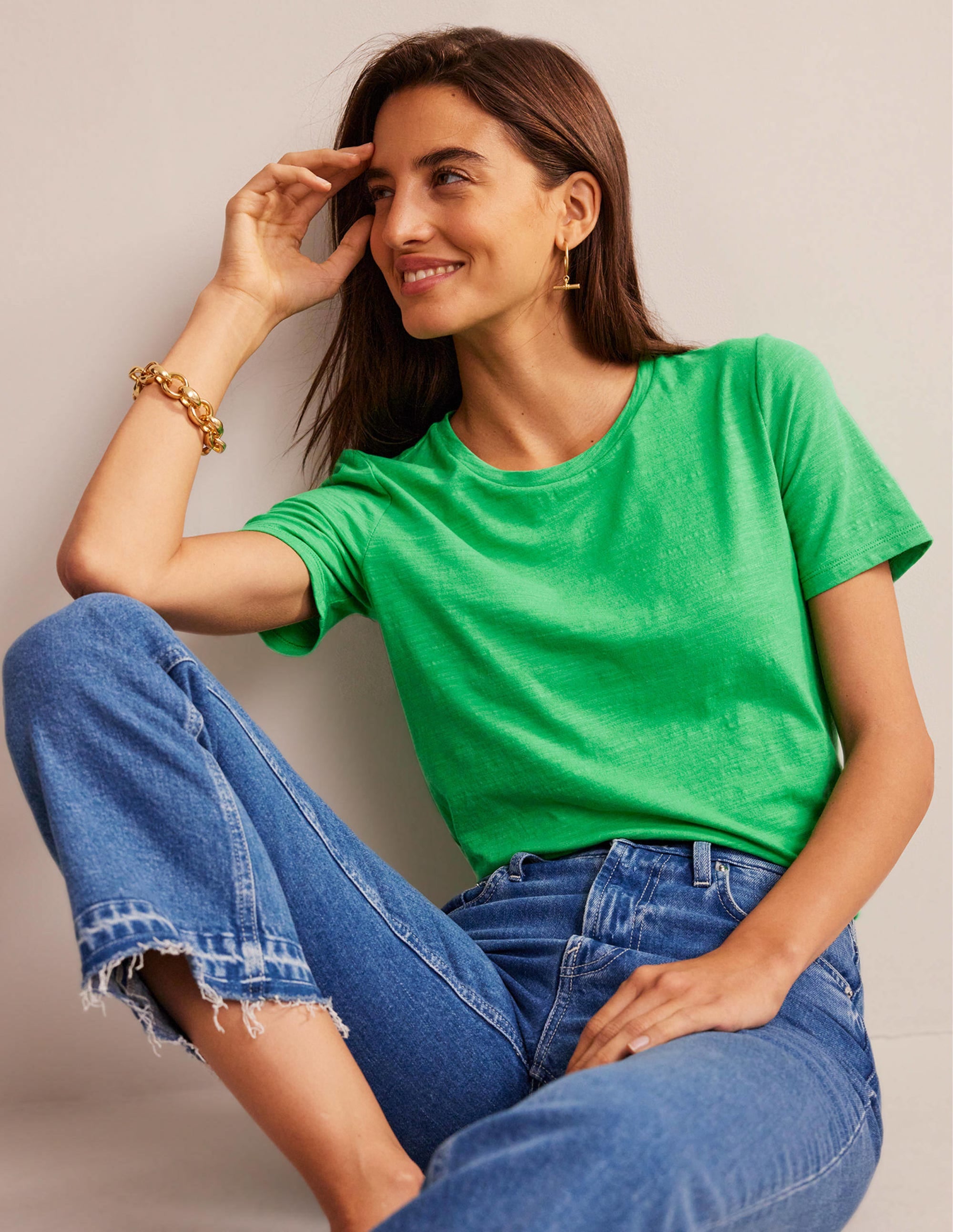 T-shirt col rond en coton-Vert vif - Image 4