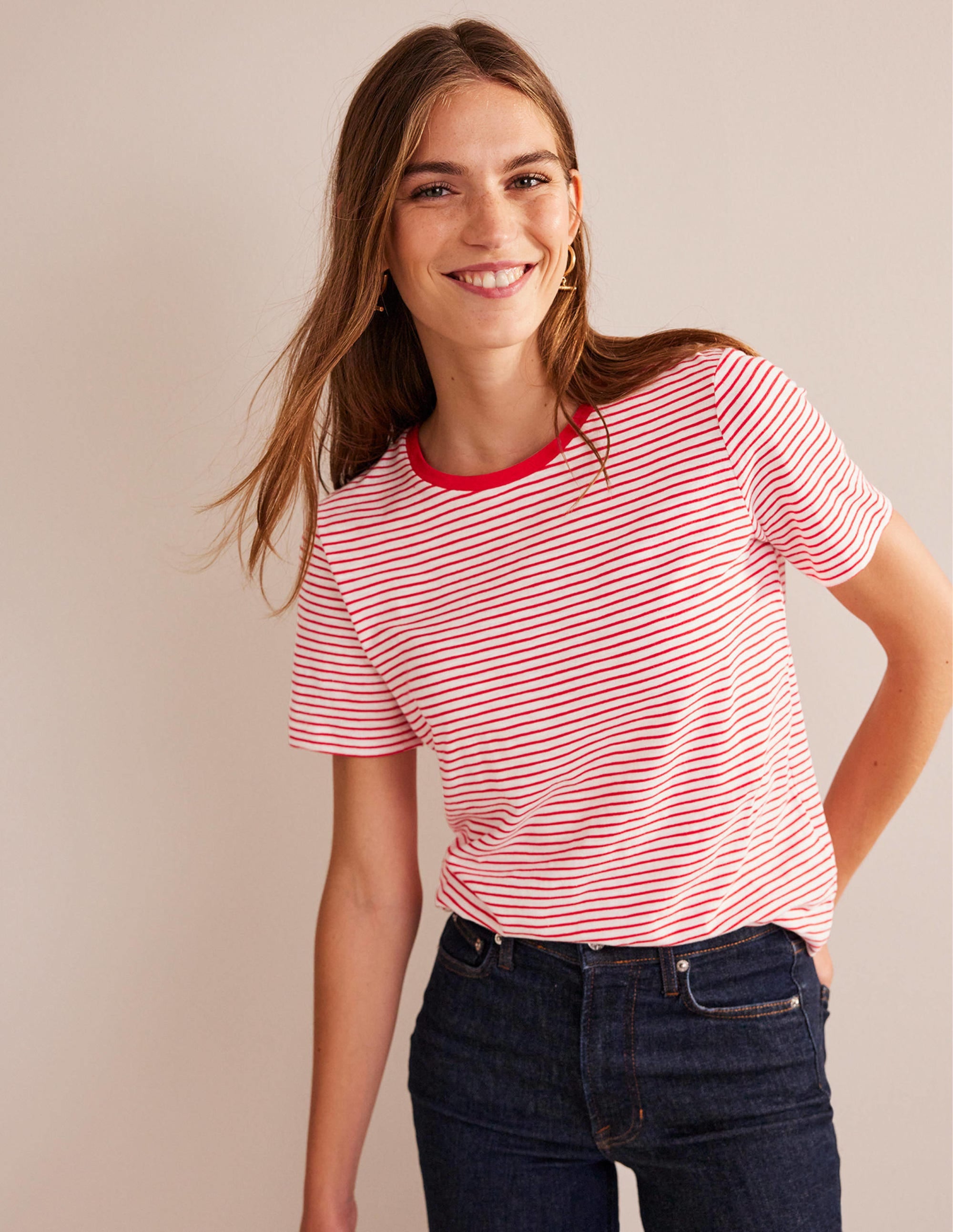 T-shirt col rond en coton-Ivoire, rouge - Image 1