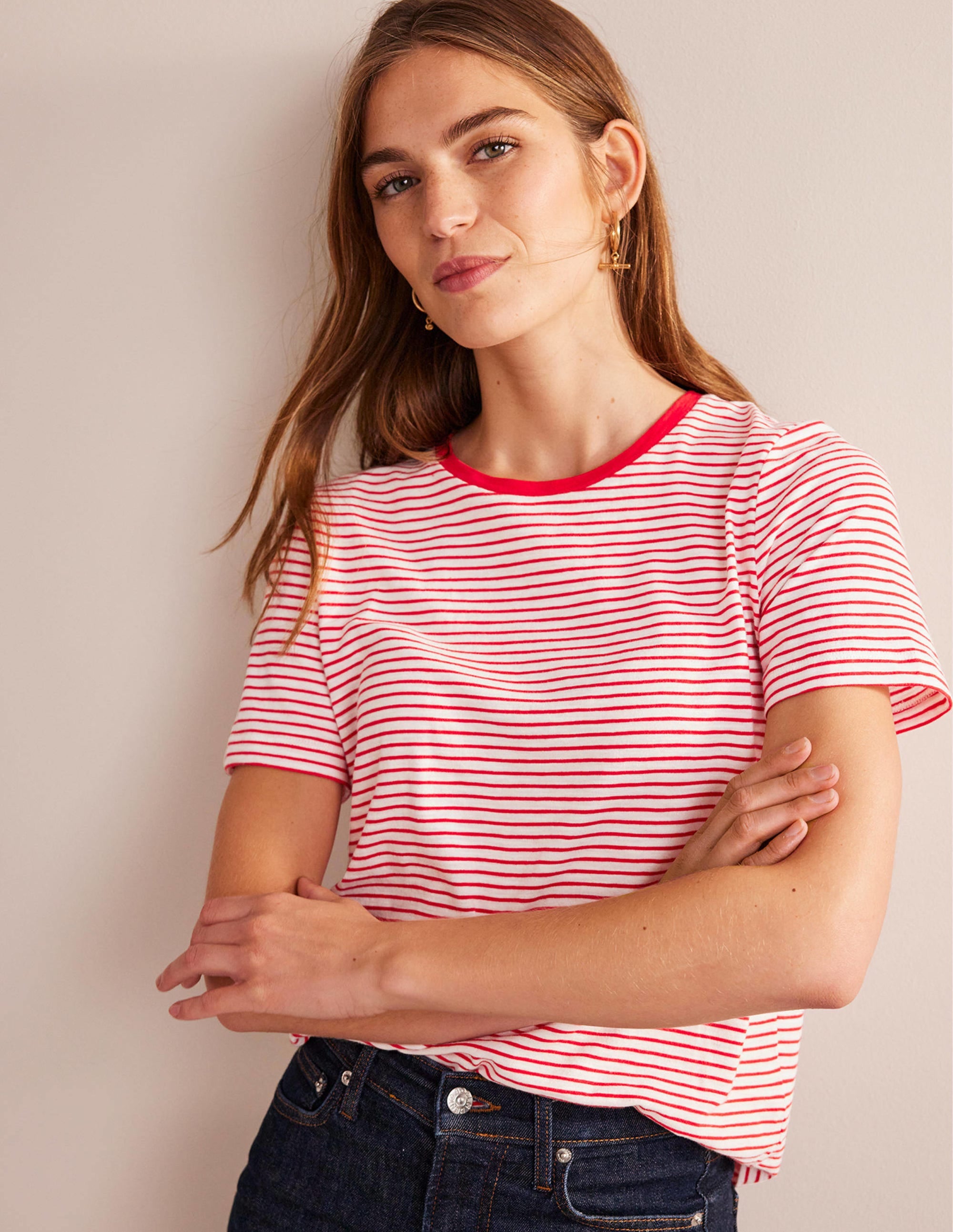 T-shirt col rond en coton-Ivoire, rouge - Image 4