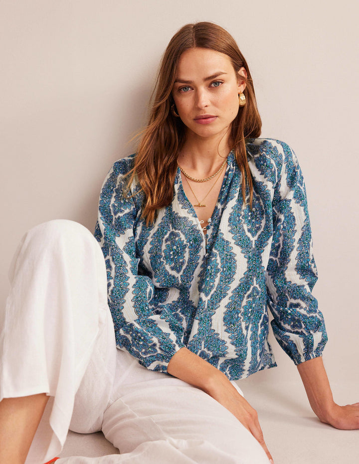 Printed Notch-Neck Sparkle Top-Blue, Botanic Wreath
