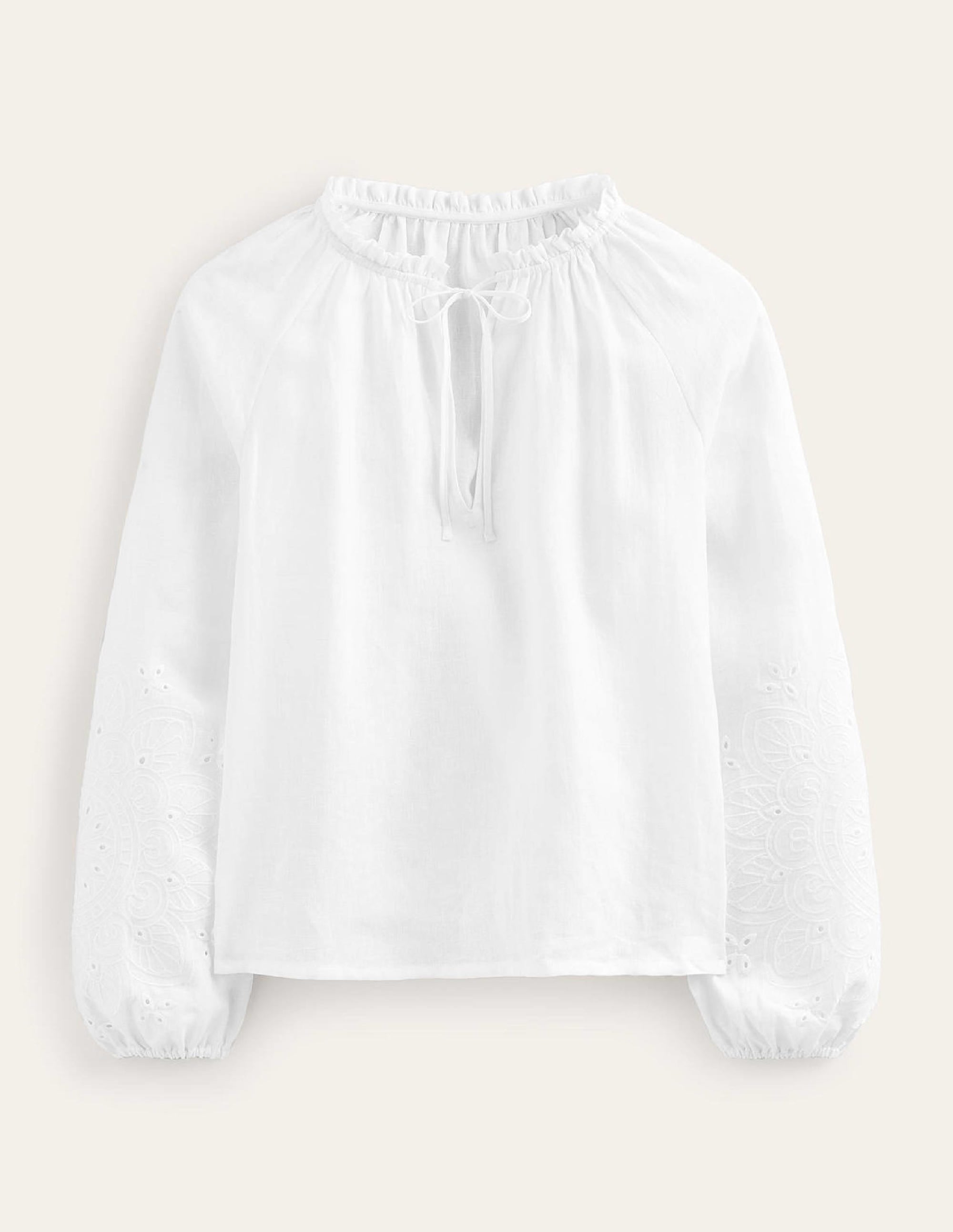 Top en lin noué au col avec broderie anglaise-Blanc - Image 7