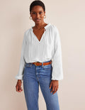 Top en lin noué au col avec broderie anglaise-Blanc