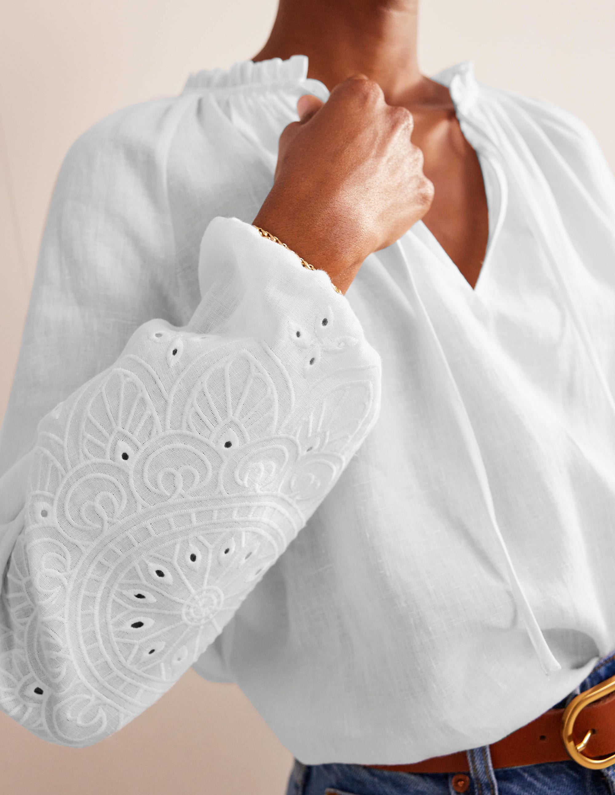 Top en lin noué au col avec broderie anglaise-Blanc - Image 2