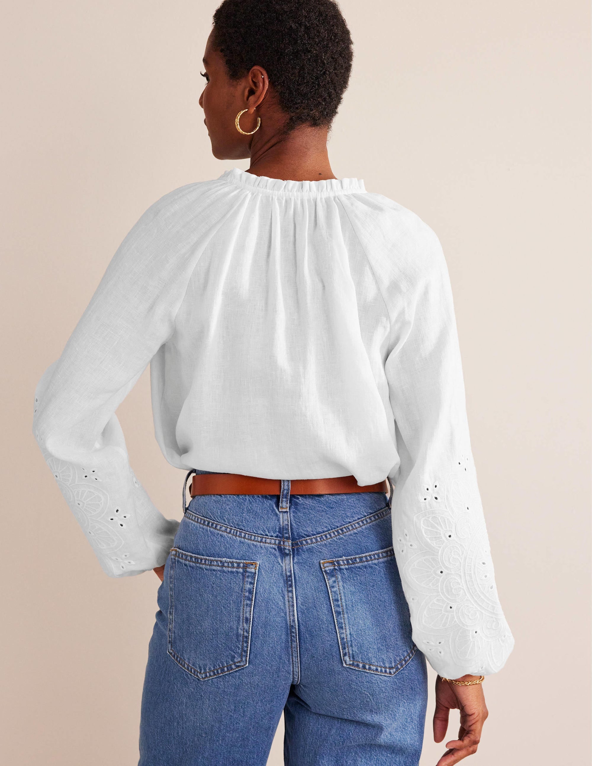 Top en lin noué au col avec broderie anglaise-Blanc - Image 3