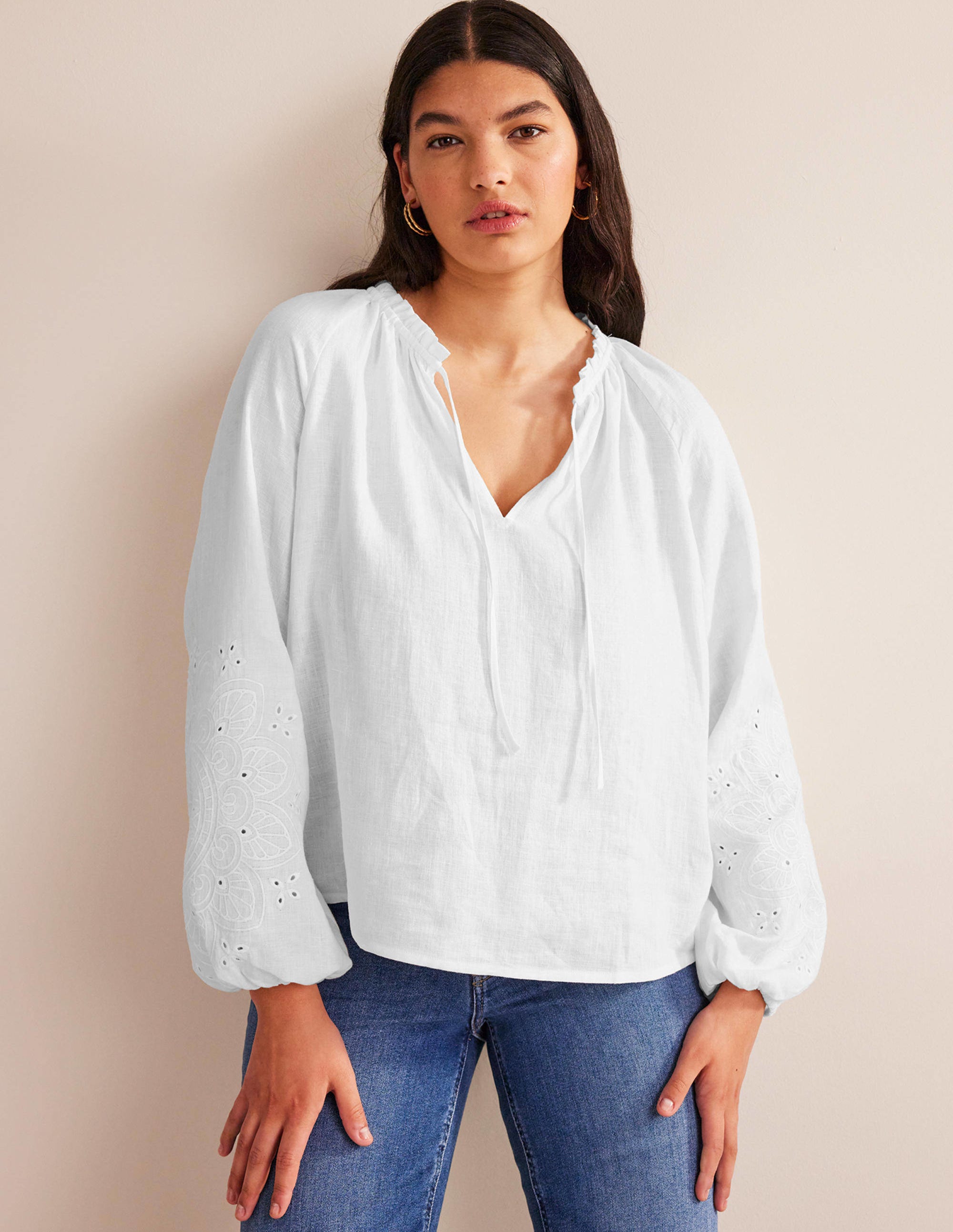 Top en lin noué au col avec broderie anglaise-Blanc - Image 5