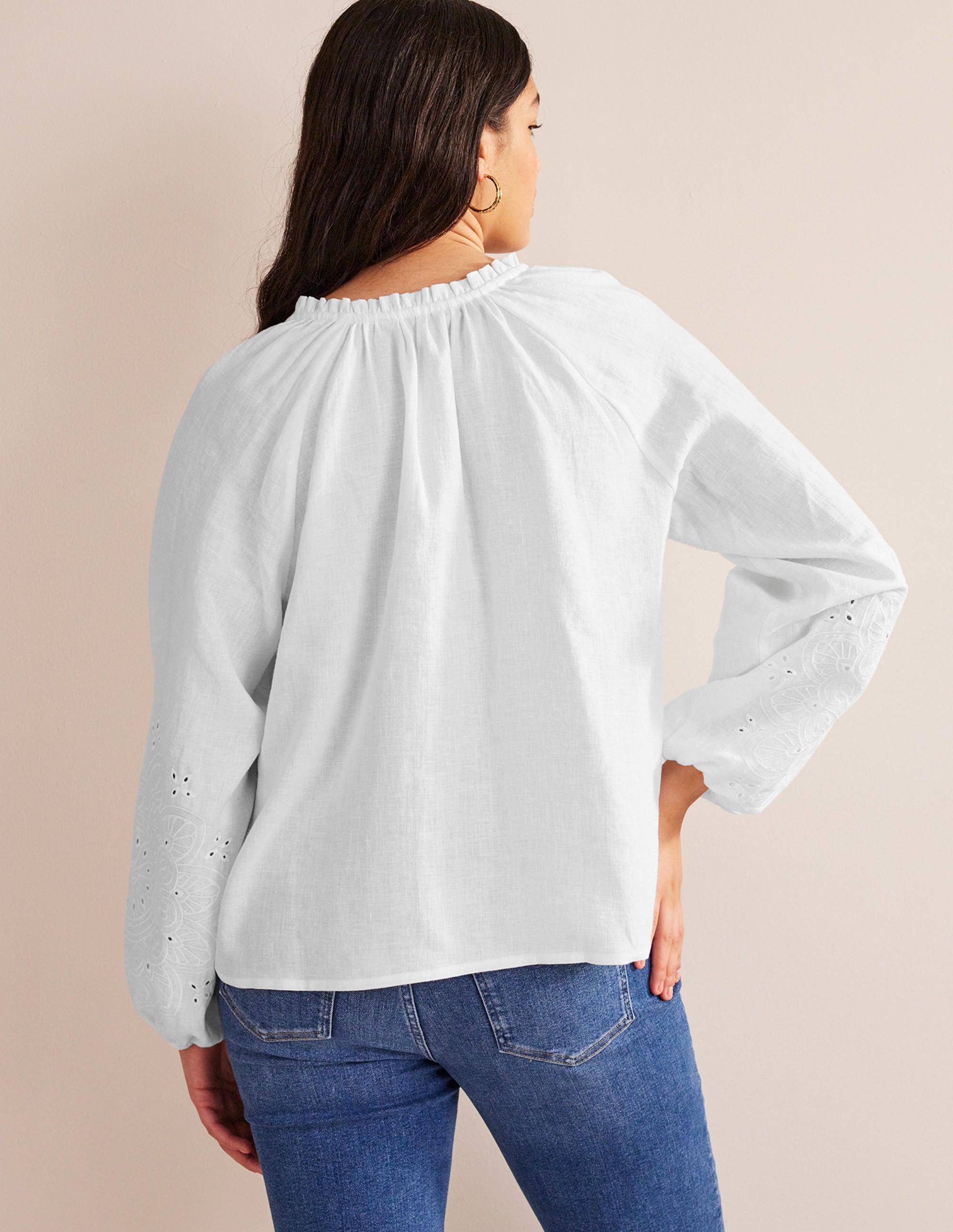 Top en lin noué au col avec broderie anglaise-Blanc - Image 6