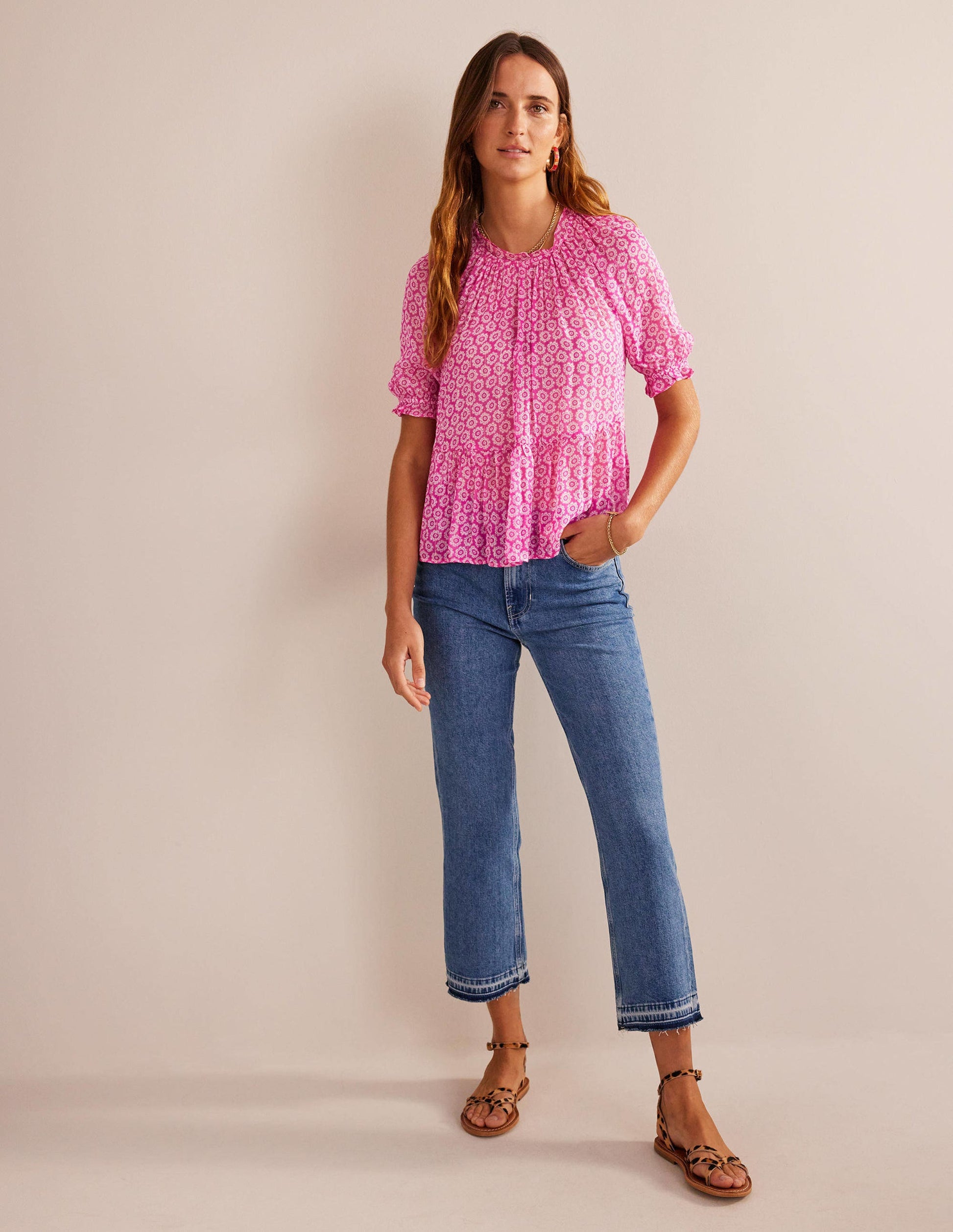 Top froncé en georgette scintillante-Rose phlox, motif Sunrise Pop-5